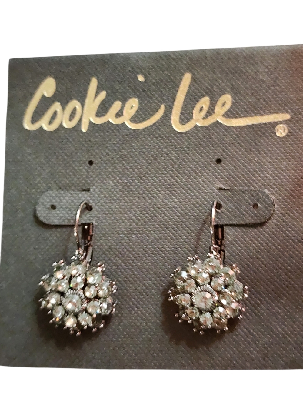 Cookie Lee Gunmetal Pale Blue Crystal Floral Drop Earrings